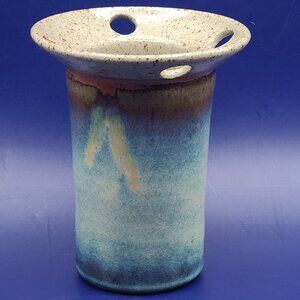 Vintage Signed Jim Lauer Studio Pottery Blue Brown Vase Toothbrush Holder 5.25”